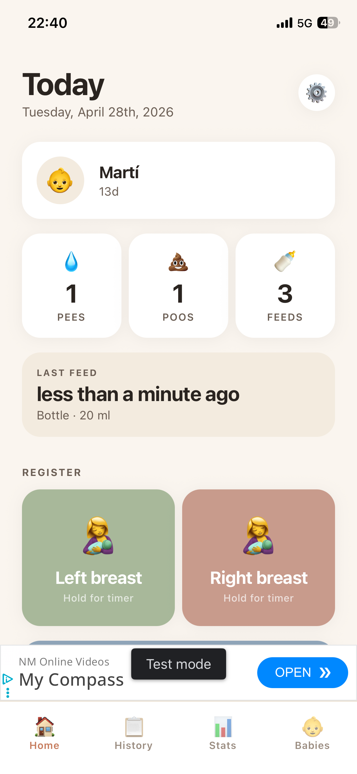 Tomi app main screen showing daily summary